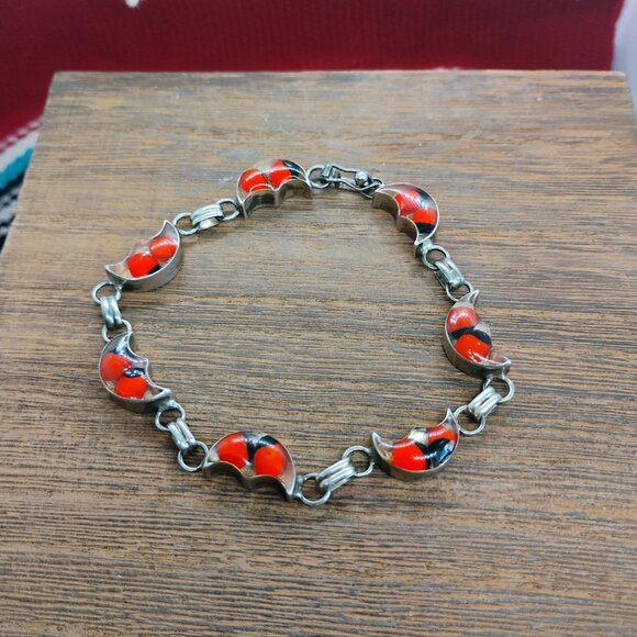 Vtg 950 Sterling Silver Red Black Ladybug Peruvian Huayruro Seed Link Bracelet - Picture 3 of 5